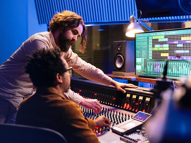 An audio engineer adjusting levels for multilingual dubbing and lip-sync tracks on a digital audio workstation.