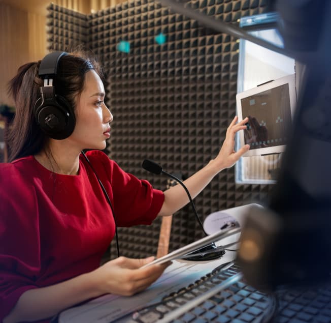 A voice actor recording dialogue in a professional soundproof studio booth with a microphone and script.